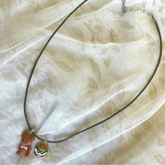 Hot Fashion Women/Girls Teddy Bear & Burger Charms Pendant & Waxed Cord Necklace - Picture 1 of 7
